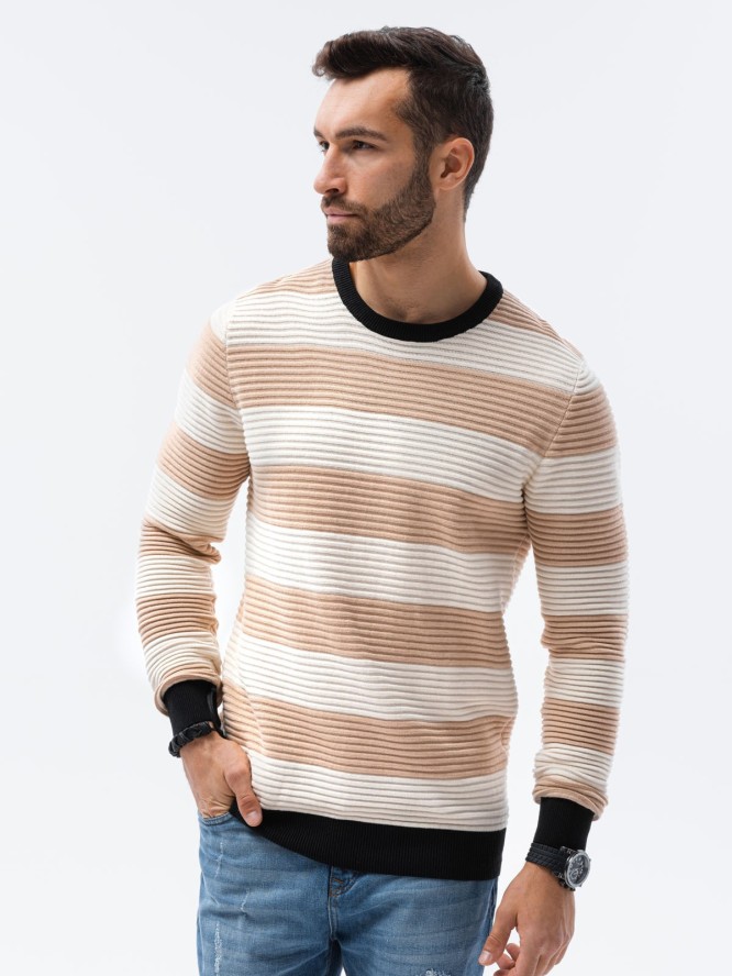 Sweter męski w paski - beżowy V8 E189 - XL