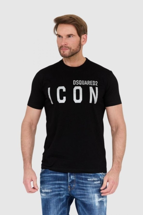 DSQUARED2 Czarny t-shirt męski ze srebrnym błyszczącym logo icon