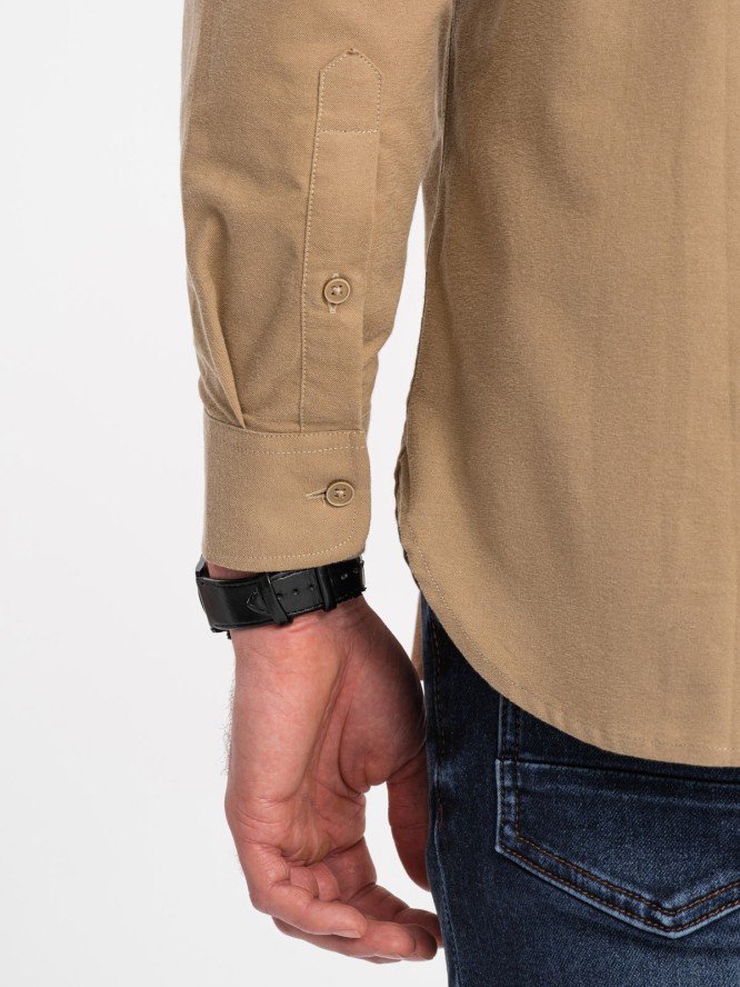 Męska koszula bawełniana REGULAR FIT z kieszenią - jasnobrązowa V2 OM-SHOS-0153 - XXL