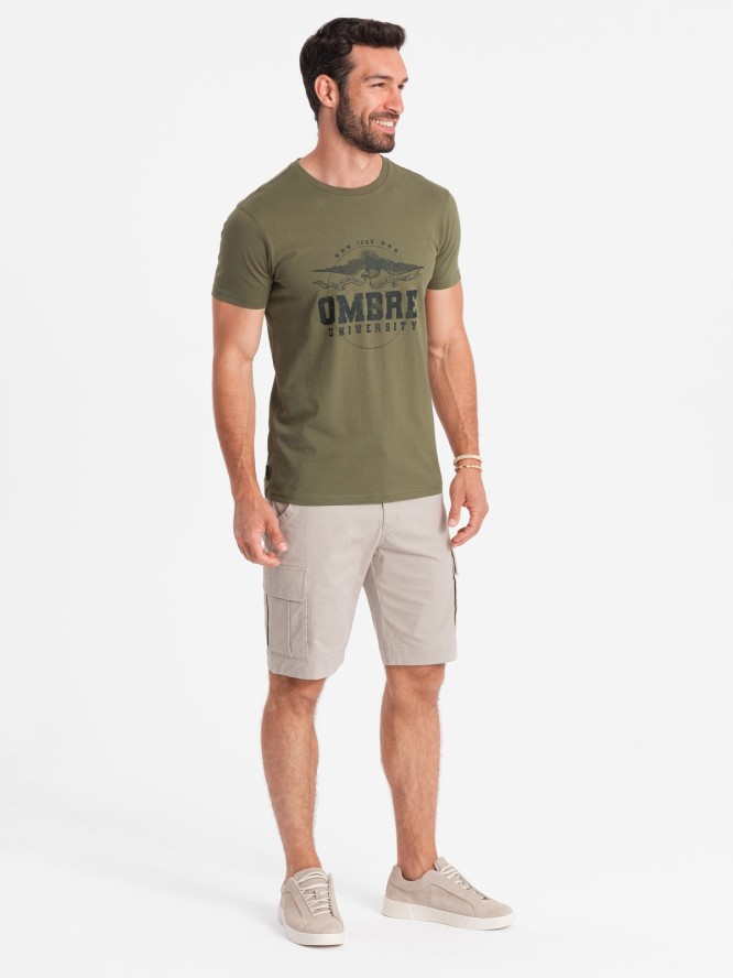 T-shirt męski bawełniany z printem militarnym - khaki V2 OM-TSPT-0164 - XXL