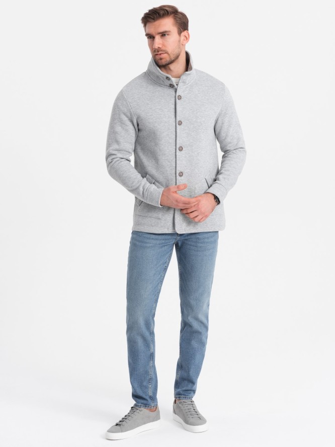 Bluza męska casual ze stójką zapinana na guziki - szary melanż V2 OM-SSZP-0171 - XXL