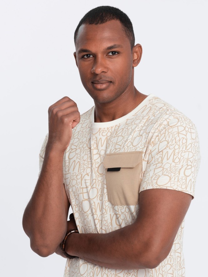 Bawełniany męski t-shirt z literowym printem i kieszonką – kremowo-brązowy V1 OM-TSFP-0188 - XXL