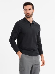 Longsleeve męski z kołnierzykiem polo BASIC – czarny V2 OM-POBL-0114 - XXL