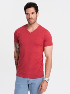 Klasyczna męska bawełniana koszulka z dekoltem w serek BASIC – czerwony melanż V17 OM-TSBS-0145 - XXL