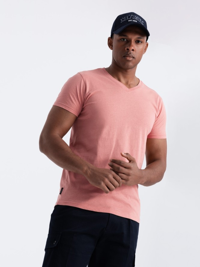 Klasyczna męska bawełniana koszulka z dekoltem w serek BASIC – różowa V7 OM-TSBS-0145 - XXL
