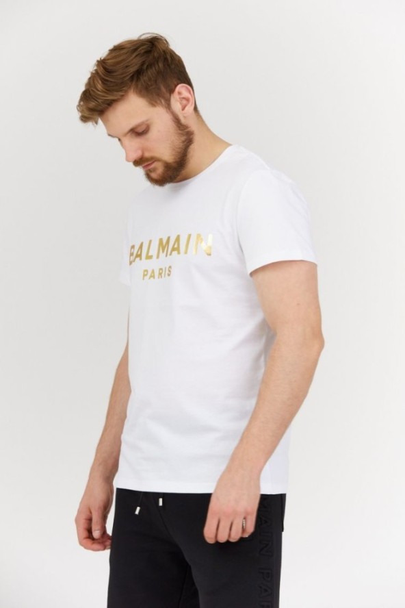 BALMAIN Biały t-shirt męski ze złotym logo
