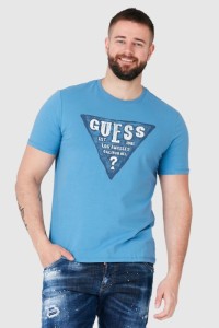 GUESS Niebieski t-shirt męski z dużym logo