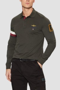 AERONAUTICA MILITARE Szarozielony męski longsleeve polo Tricolor