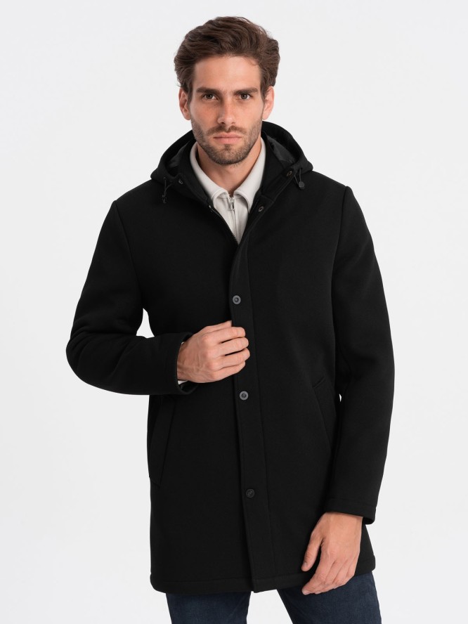 Męski ocieplany płaszcz z kapturem i krytym zamkiem - czarny V1 OM-COWC-0110 - XXL