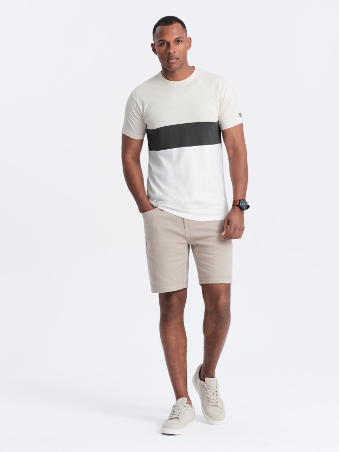 T-shirt męski trójkolorowy w szerokie pasy - kremowo-biały V2 OM-TSCT-0152 - XXL