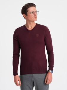 Sweter męski elegancki BASIC V-neck z wiskozą – bordowy V13 OM-SWBS-0107 - XXL