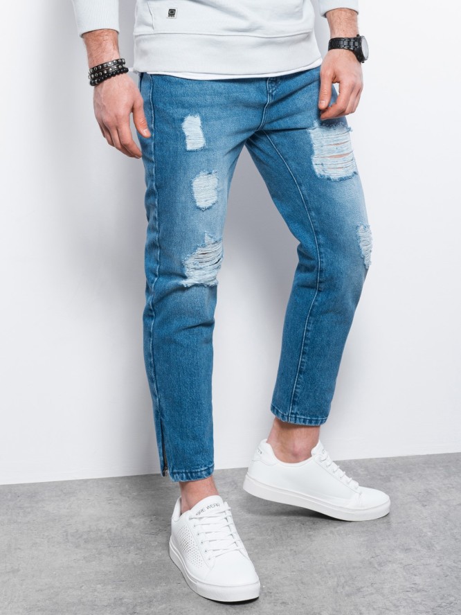 Męskie spodnie jeansowe taper fit z dziurami - niebieskie V3 P1028 - XXL