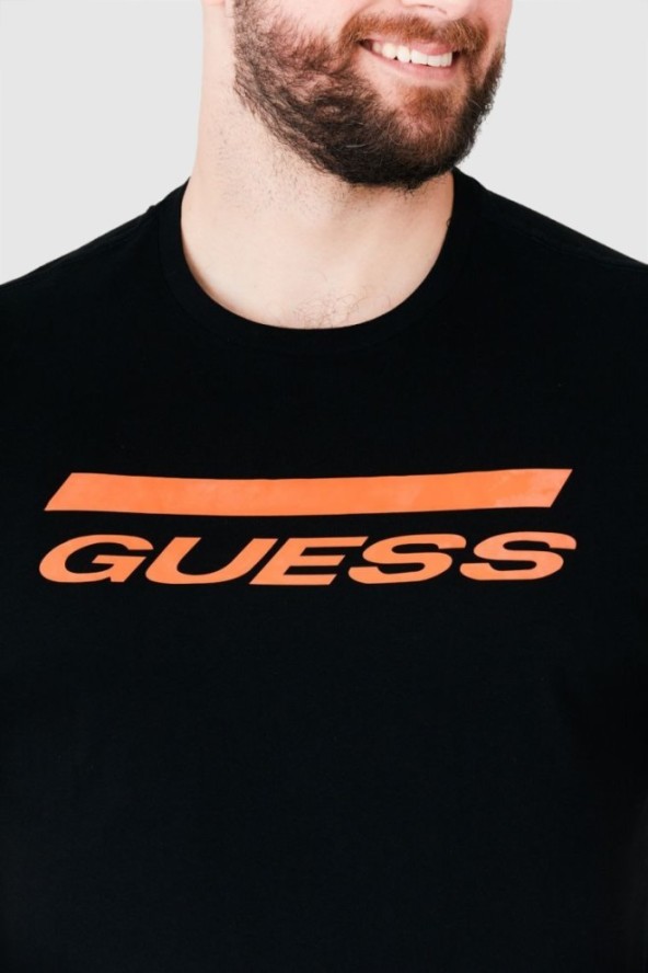 GUESS Czarny t-shirt męski z pomarańczowym logo