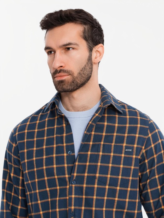Męska flanelowa koszula w kratę SLIM FIT - granatowo-pomarańczowa V1 OM-SHCS-0145 - XXL