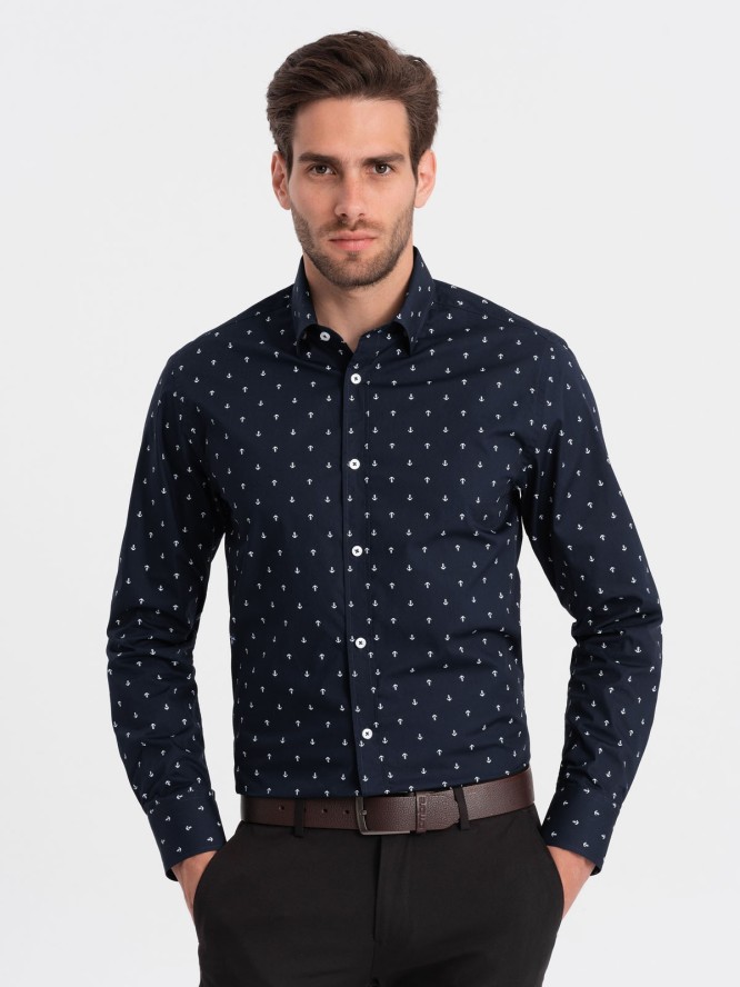 Klasyczna męska bawełniana koszula SLIM FIT w kotwice - granatowa V2 OM-SHCS-0156 - L