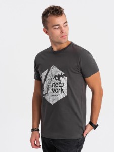 T-shirt męski bawełniany z printem motywu mapy - grafitowa V1 OM-TSPT-0169 - L