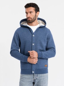 Bluza męska dresowa z kapturem zapinana na guziki – granatowy melanż V1 OM-SSZP-0186 - XXL