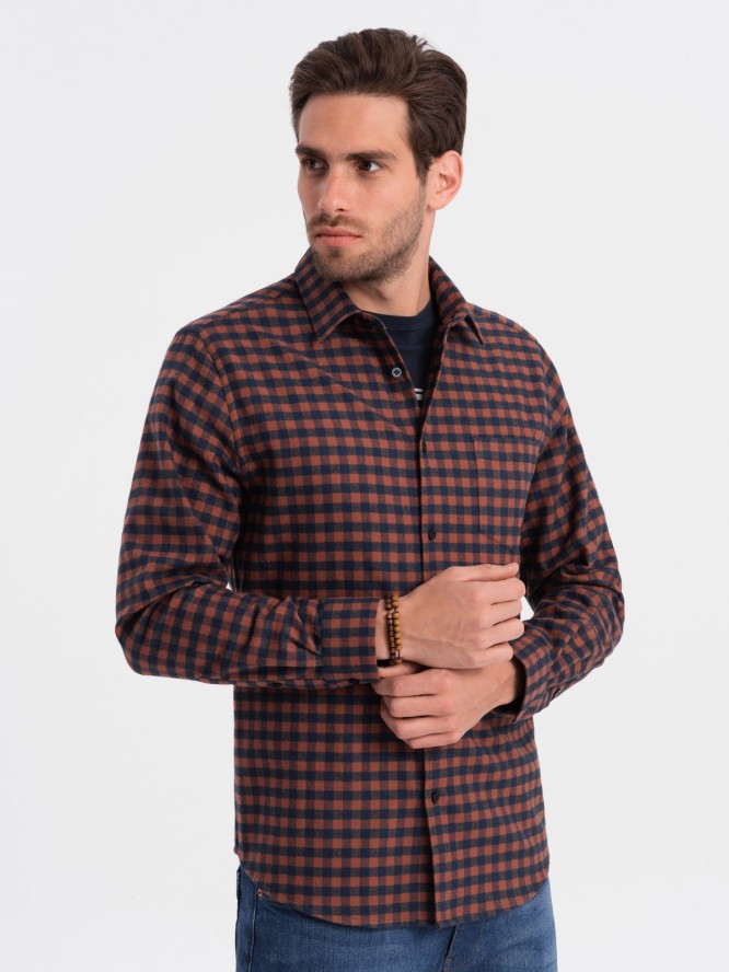 Koszula męska flanelowa w kratę - granatowo-ceglasta V6 OM-SHCS-0150 - XXL