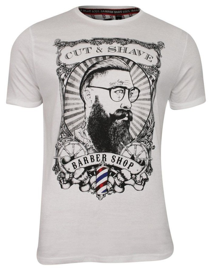 Biały Barberowy Bawełniany T-Shirt Męski -Brave Soul- Koszulka, Krótki Rękaw, Brodacz, Fryzjer