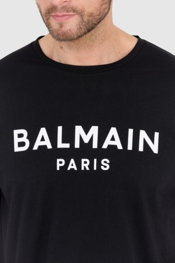 BALMAIN Czarny t-shirt męski z drukowanym białym logo