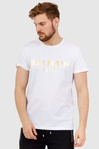 BALMAIN Biały t-shirt męski ze złotym logo