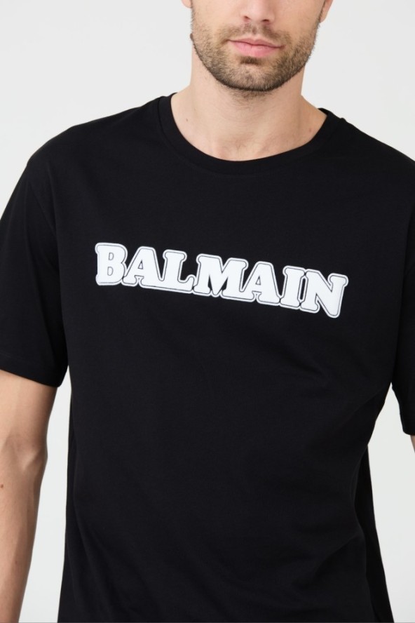 BALMAIN Czarny t-shirt z białym logo Retro Balmain Flock