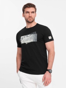 T-shirt męski bawełniany z logotypem - czarny V2 OM-TSPT-0139 - XXL