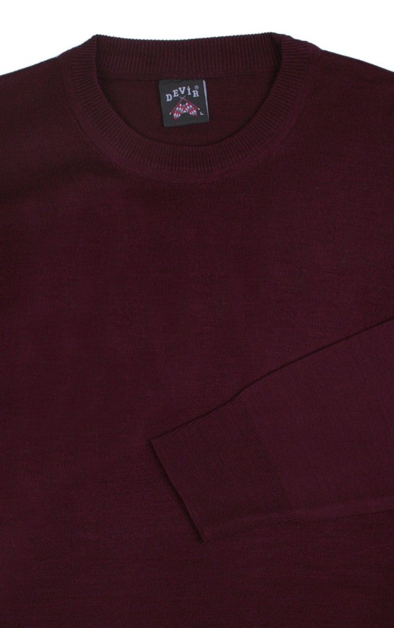 Męski Sweter z Wełną - Devir - U-neck - Bordo