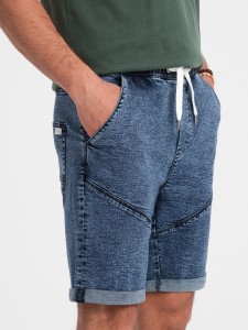 Podwinięte męskie krótkie spodenki jeansowe z przeszyciami – ciemnoniebieskie V3 OM-SRDS-0101 - XL