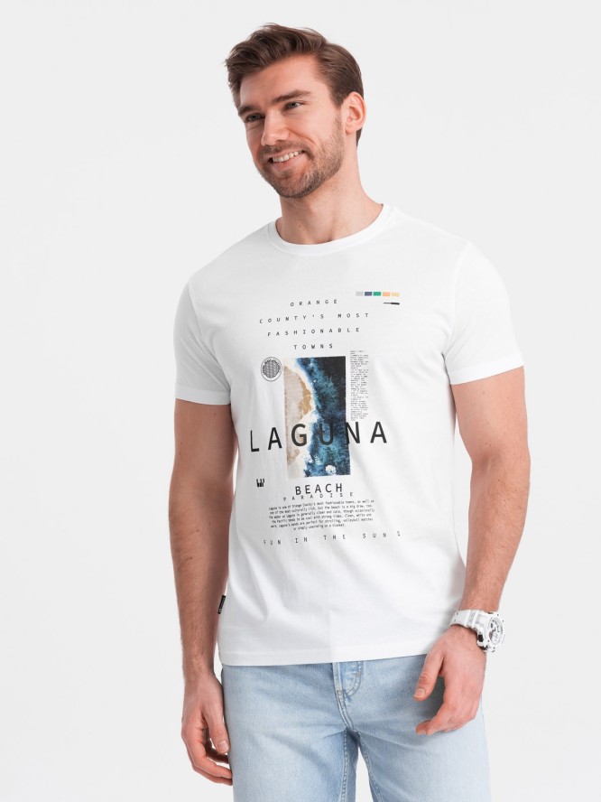 Męski t-shirt bawełniany z nadrukiem laguna - biały V1 OM-TSPT-0127 - S