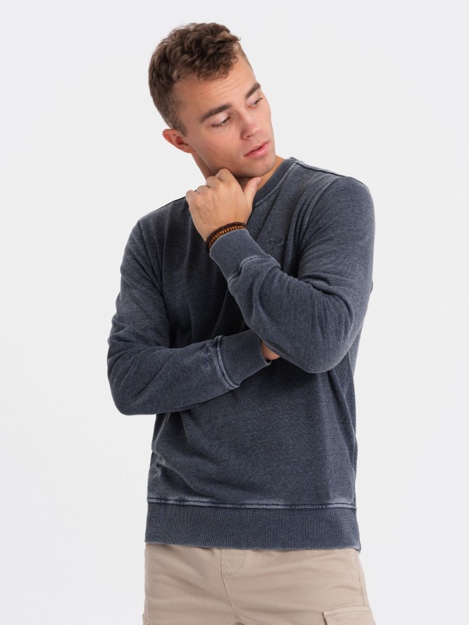 Washowana bluza męska z ozdobnym przeszyciem przy dekolcie - granatowa V4 OM-SSDS-0131 - XXL
