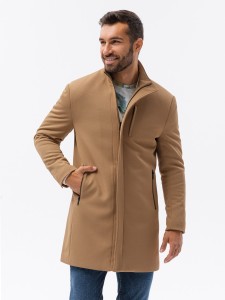 Męski płaszcz ze stójką i pikowaną podszewką - camel V4 OM-COWC-0103 - XL
