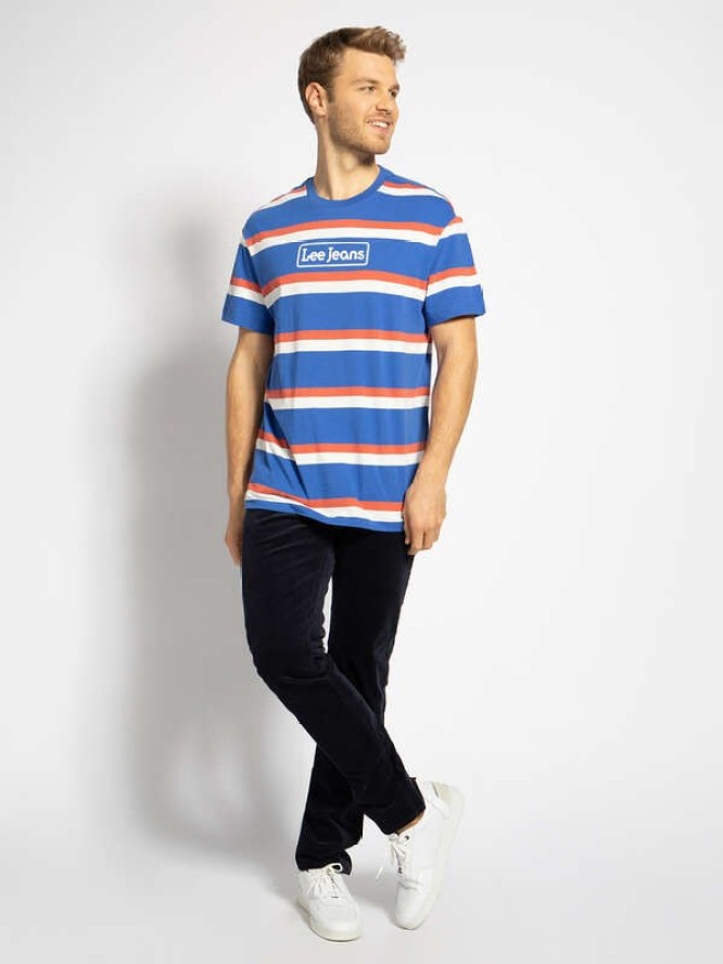 LEE SEASONAL STRIPE LOGO MĘSKI T-SHIRT RELAXED FIT SUMMER BLUE L61FBSNJ