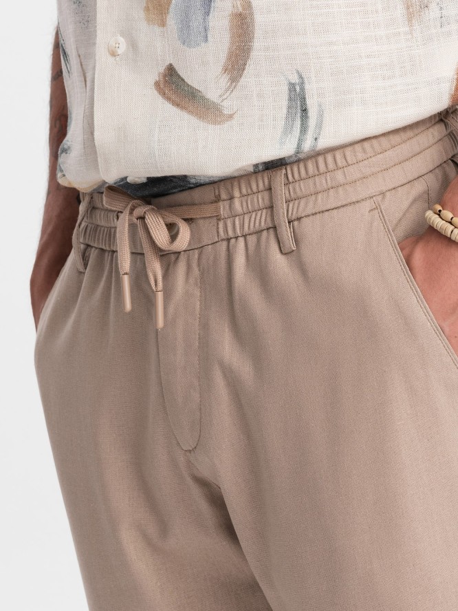 Męskie podwijane spodnie chino z dodatkiem lnu – jasnobrązowe V3 OM-PACP-0198 - XXL