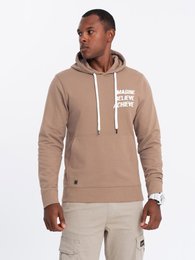 Bluza męska hoodie z nadrukiem na plecach - jasnobrązowa V2 B1357 - XXL