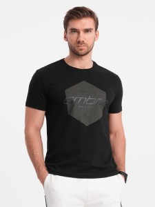 Męski t-shirt bawełniany z nadrukiem geometrycznym i logotypem - czarny V2 OM-TSPT-0141 - XXL