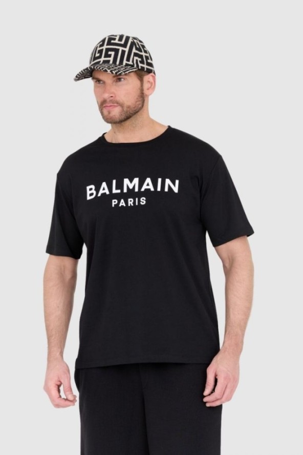 BALMAIN Czarny t-shirt męski z drukowanym białym logo