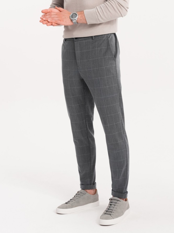 Spodnie męskie z gumką w pasie w delikatną kratę - szare V2 OM-PACP-0120 - XXL