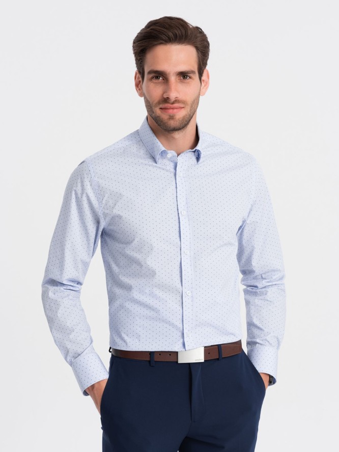 Klasyczna męska bawełniana koszula SLIM FIT w mikro wzór - błękitna V7 OM-SHCS-0156 - XXL