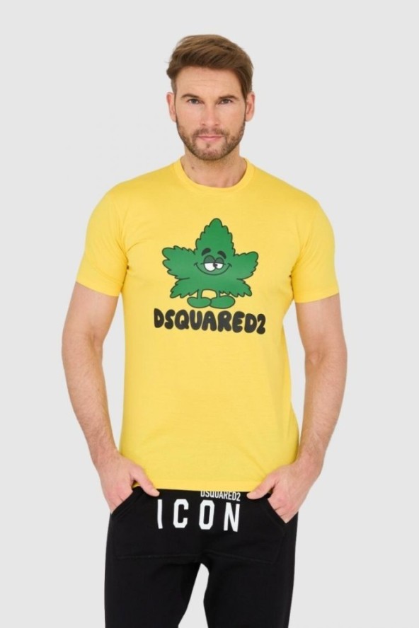 DSQUARED2 Żółty t-shirt z logo i zielonym liściem