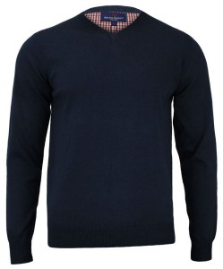 Sweter Ciemnogranatowy Elegancki Męski, 100% Bawełna, Dekolt w Serek (V-neck) - Adriano Guinari -