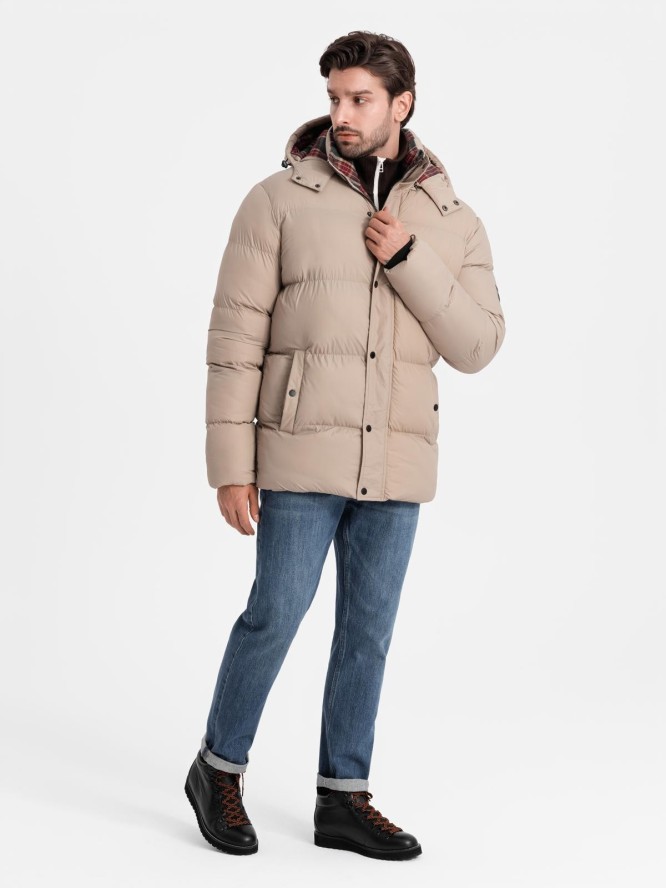 Męska kurtka puffer z podszewką w kratę – beżowa V2 OM-JAHP-0205 - XXL