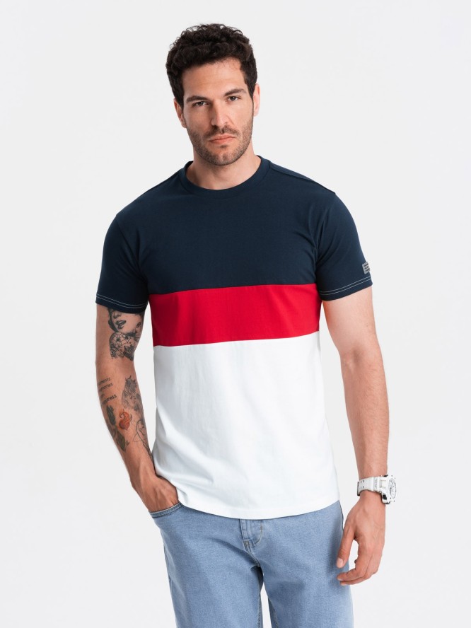 T-shirt męski trójkolorowy w szerokie pasy - granatowo-biały V1 OM-TSCT-0152 - XXL