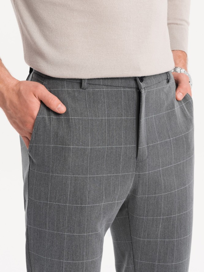 Spodnie męskie z gumką w pasie w delikatną kratę - szare V2 OM-PACP-0120 - XXL
