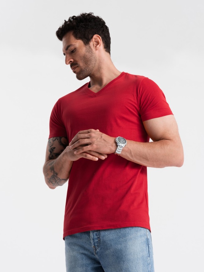 Męska klasyczna bawełniana koszulka z dekoltem w serek BASIC – czerwona V14 OM-TSBS-0145 - XXL