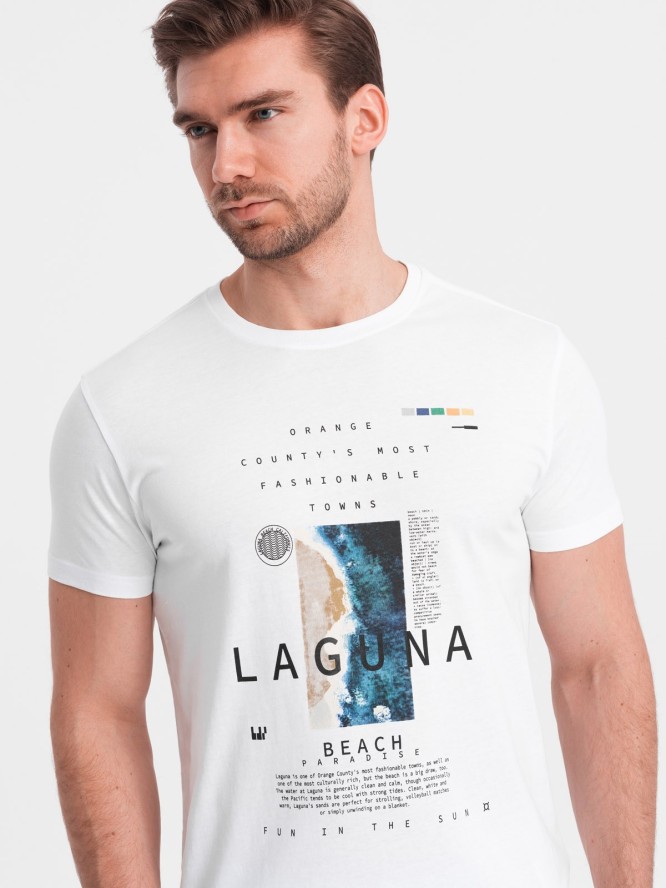 Męski t-shirt bawełniany z nadrukiem laguna - biały V1 OM-TSPT-0127 - S