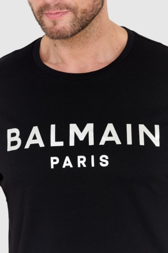 BALMAIN Czarny t-shirt męski ze srebrnym logo