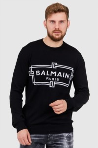 BALMAIN Czarny sweter męski z wełny merino