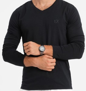 Longsleeve męski V-neck SLIM FIT z elastanem i printem – czarny V1 OM-LSBC-0123 - XXL