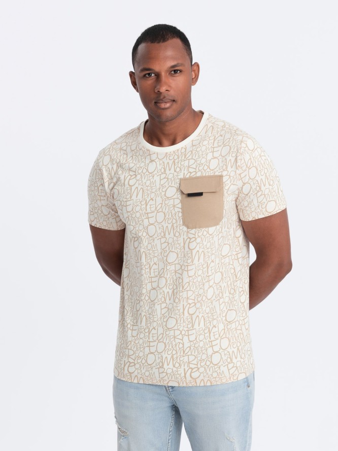 Bawełniany męski t-shirt z literowym printem i kieszonką – kremowo-brązowy V1 OM-TSFP-0188 - XXL